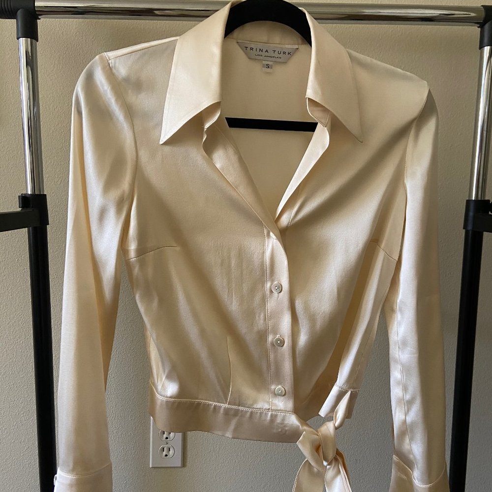 Trina Turk Cream Silk Blouse Button Up